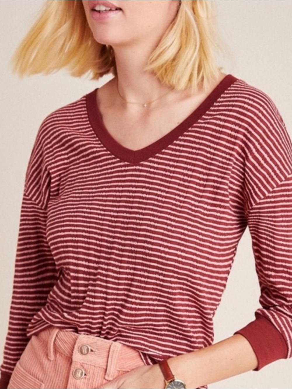 NWOT Anthropologie Hannah Pink Red Striped Knit Textured V-Neck Top Size: Small